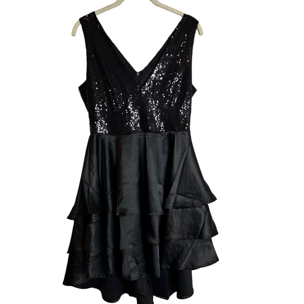 Womens Black Cocktail Dress Medium Sequined Bodice Tiered Satin Skirt Whimsigoth